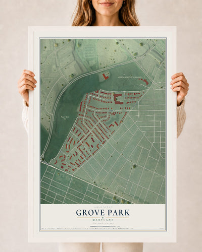 Map of Grove Park, Maryland, 24 x 36 inch print in a white wood frame