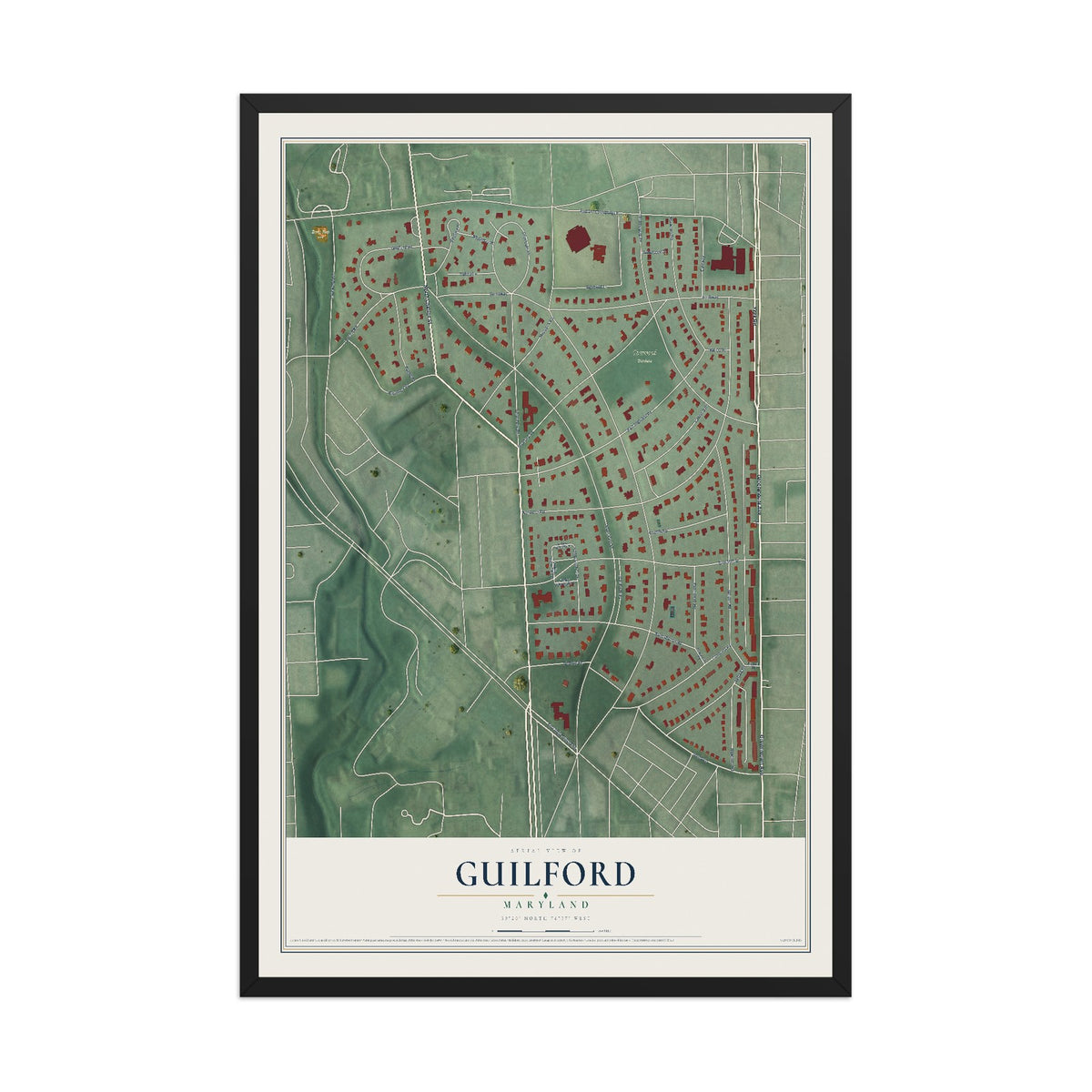 Map of Guilford, Maryland, 12 x 18 inch print in a black wood frame