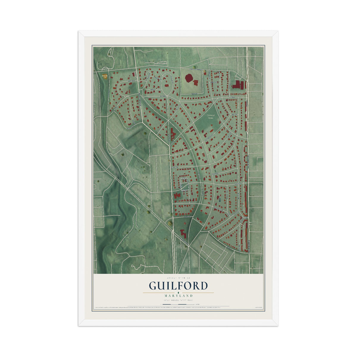 Map of Guilford, Maryland, 12 x 18 inch print in a white wood frame