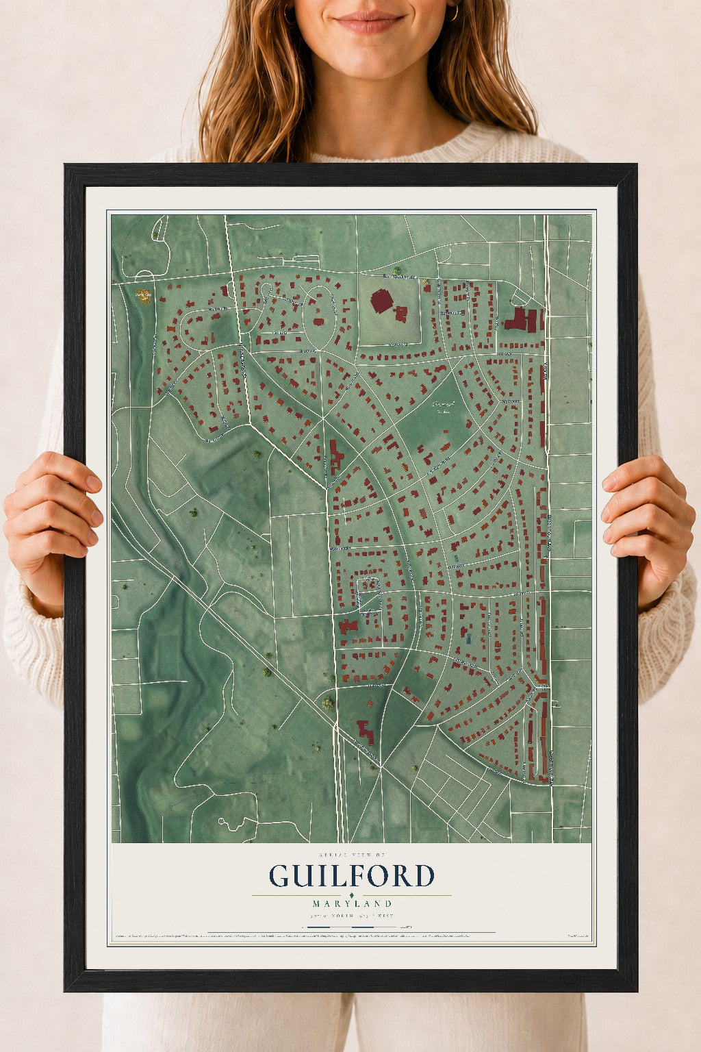 Map of Guilford, Maryland, 18 x 24 inch print in a black wood frame