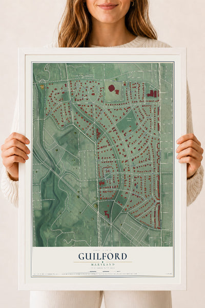Map of Guilford, Maryland, 18 x 24 inch print in a white wood frame