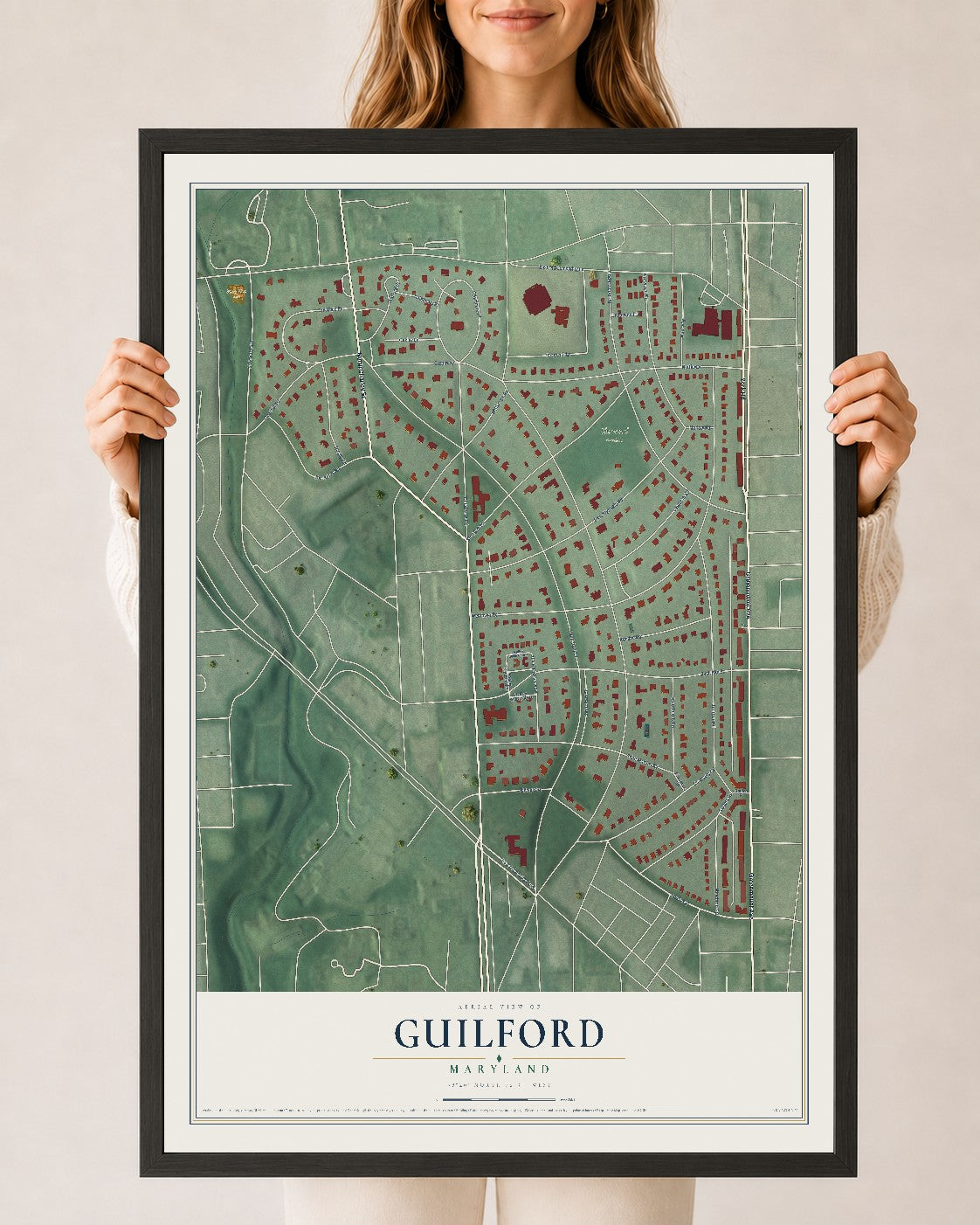 Map of Guilford, Maryland, 24 x 36 inch print in a black wood frame