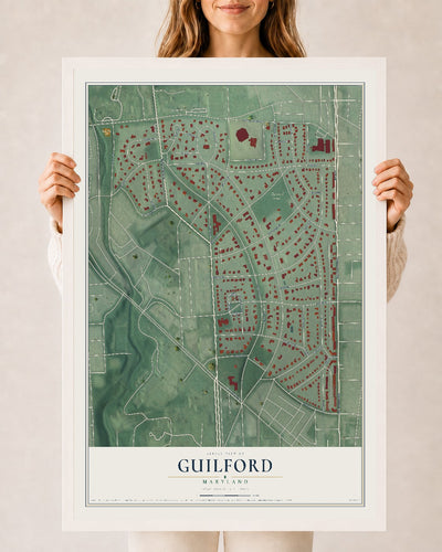 Map of Guilford, Maryland, 24 x 36 inch print in a white wood frame