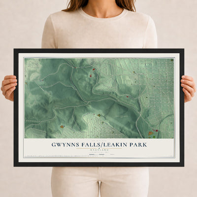 Map of Gwynns Falls-Leakin Park, Maryland, 12 x 18 inch print in a black wood frame