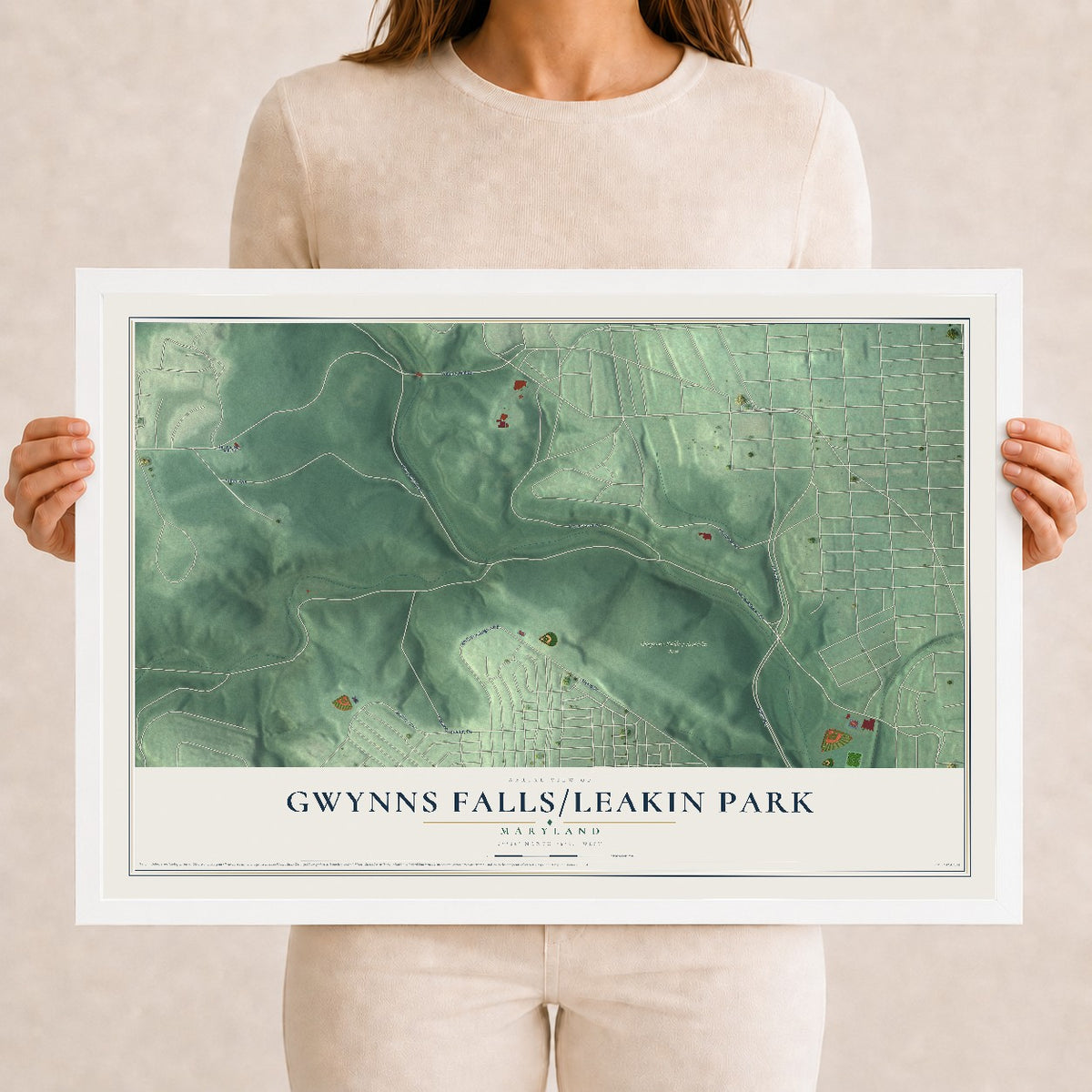 Map of Gwynns Falls-Leakin Park, Maryland, 12 x 18 inch print in a white wood frame