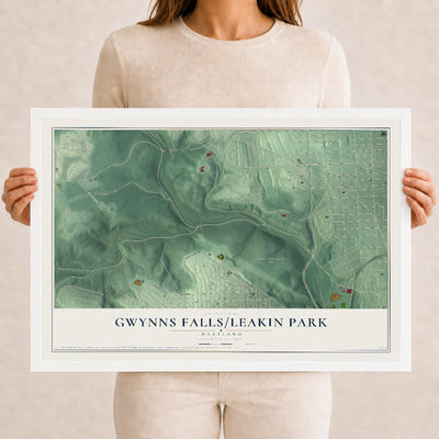 Map of Gwynns Falls-Leakin Park, Maryland, 12 x 18 inch print in a white wood frame