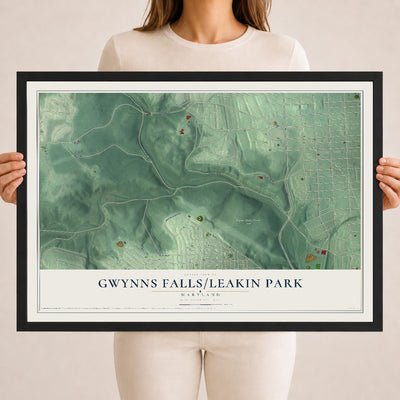 Map of Gwynns Falls-Leakin Park, Maryland, 18 x 24 inch print in a black wood frame