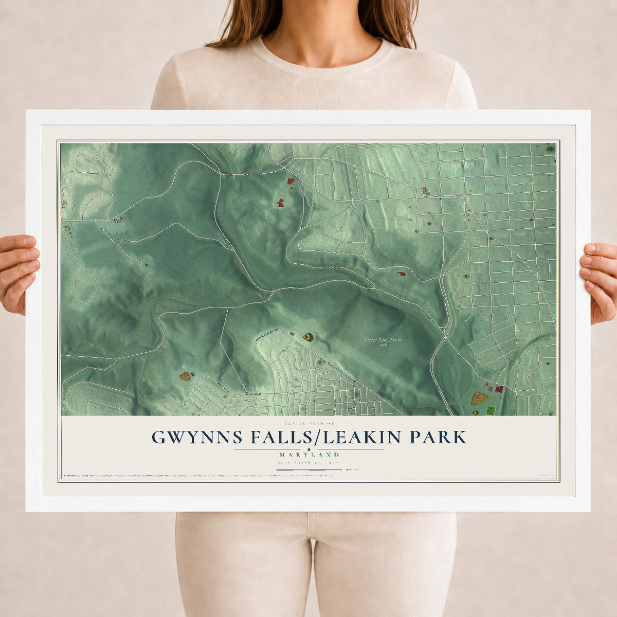 Map of Gwynns Falls-Leakin Park, Maryland, 18 x 24 inch print in a white wood frame