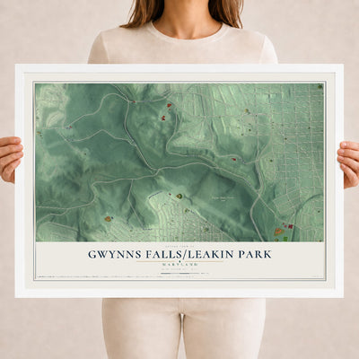 Map of Gwynns Falls-Leakin Park, Maryland, 18 x 24 inch print in a white wood frame