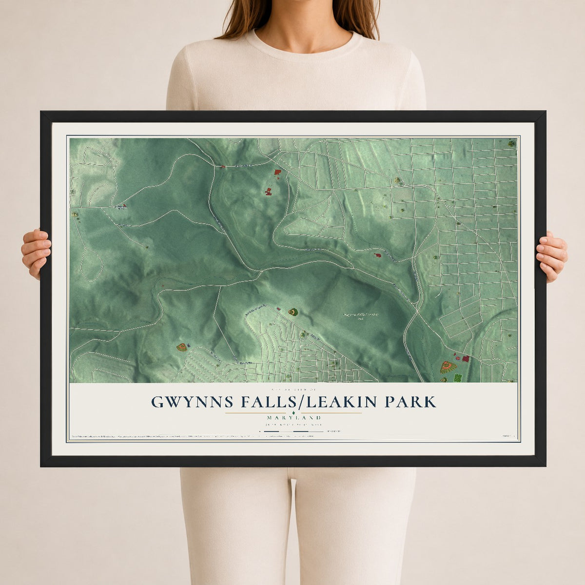 Map of Gwynns Falls-Leakin Park, Maryland, 24 x 36 inch print in a black wood frame