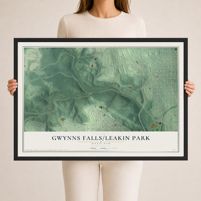 Map of Gwynns Falls-Leakin Park, Maryland, 24 x 36 inch print in a black wood frame