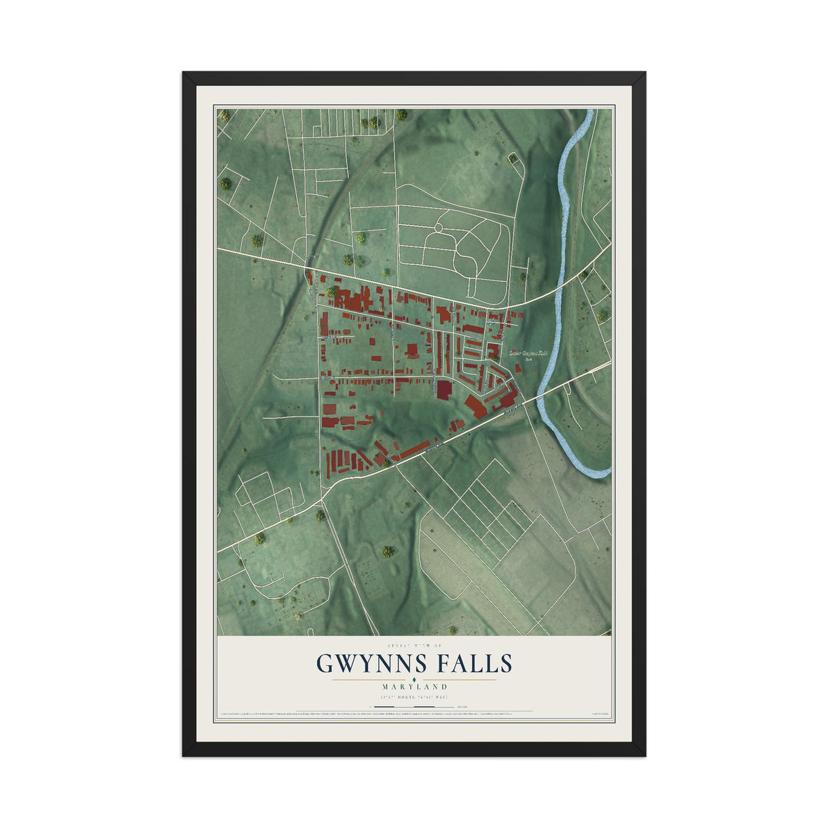 Map of Gwynns Falls, Maryland, 12 x 18 inch print in a black wood frame