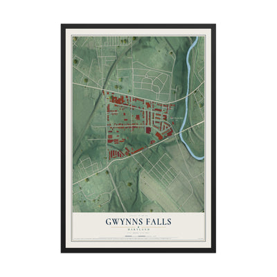 Map of Gwynns Falls, Maryland, 12 x 18 inch print in a black wood frame
