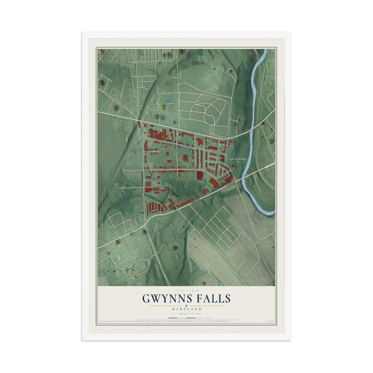 Map of Gwynns Falls, Maryland, 12 x 18 inch print in a white wood frame