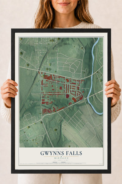Map of Gwynns Falls, Maryland, 18 x 24 inch print in a black wood frame