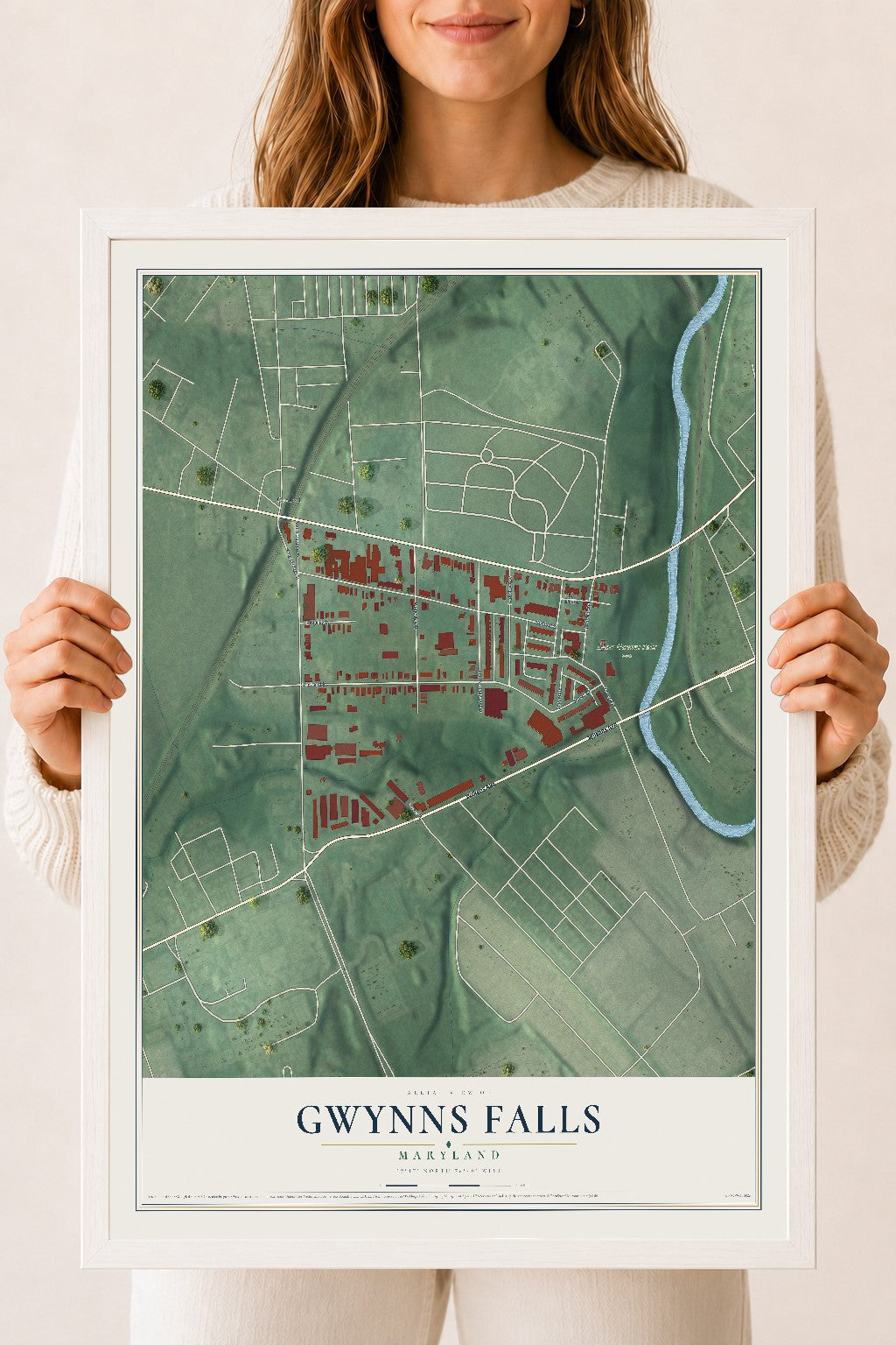 Map of Gwynns Falls, Maryland, 18 x 24 inch print in a white wood frame