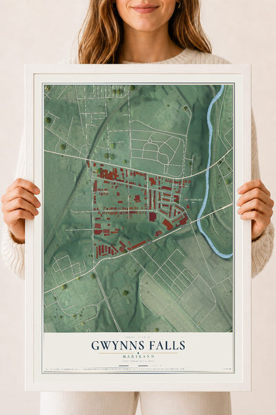 Map of Gwynns Falls, Maryland, 18 x 24 inch print in a white wood frame