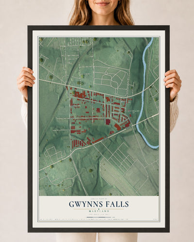 Map of Gwynns Falls, Maryland, 24 x 36 inch print in a black wood frame