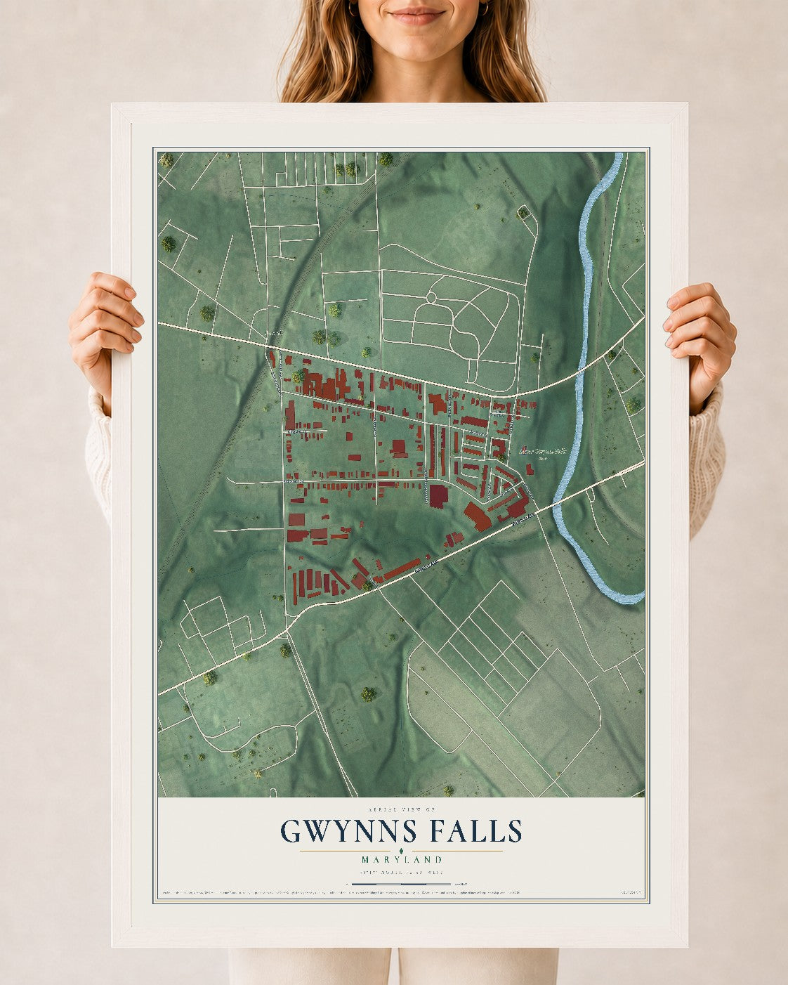 Map of Gwynns Falls, Maryland, 24 x 36 inch print in a white wood frame