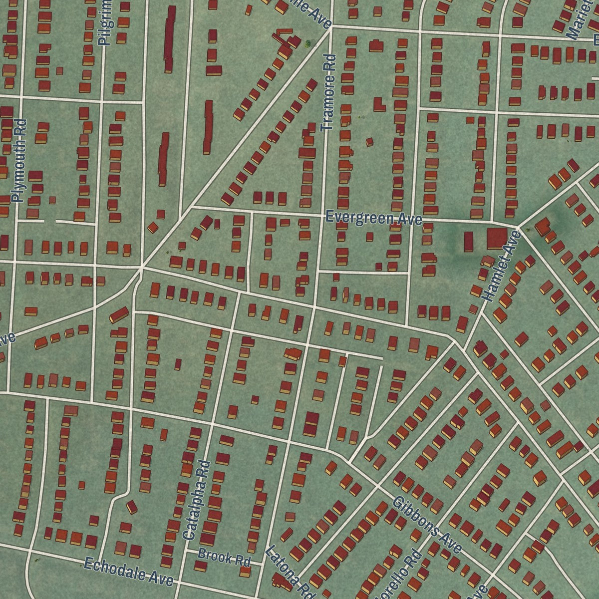 Close-up of the map of Hamilton Hills, Maryland print showing street and building detail
