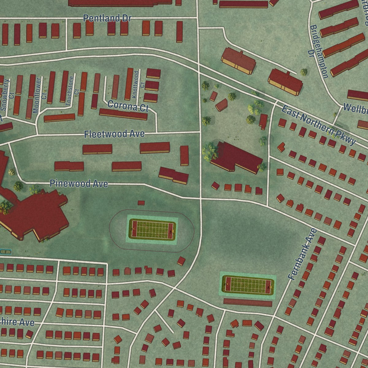 Second close-up of the map of Hamilton Hills, Maryland print showing more streets and buildings