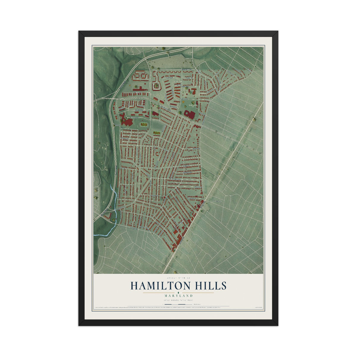 Map of Hamilton Hills, Maryland, 12 x 18 inch print in a black wood frame