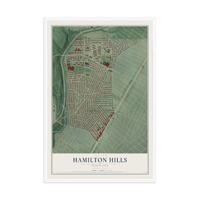 Map of Hamilton Hills, Maryland, 12 x 18 inch print in a white wood frame