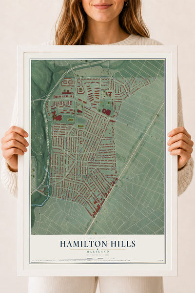 Map of Hamilton Hills, Maryland, 18 x 24 inch print in a white wood frame