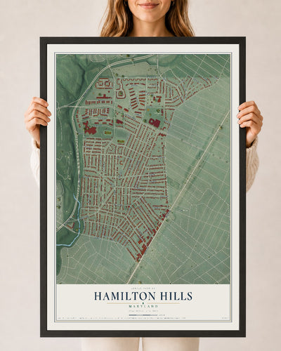 Map of Hamilton Hills, Maryland, 24 x 36 inch print in a black wood frame
