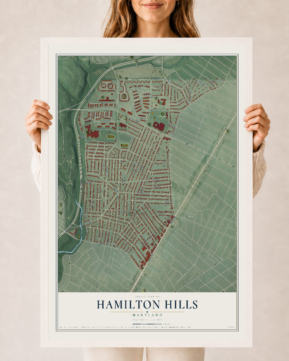Map of Hamilton Hills, Maryland, 24 x 36 inch print in a white wood frame