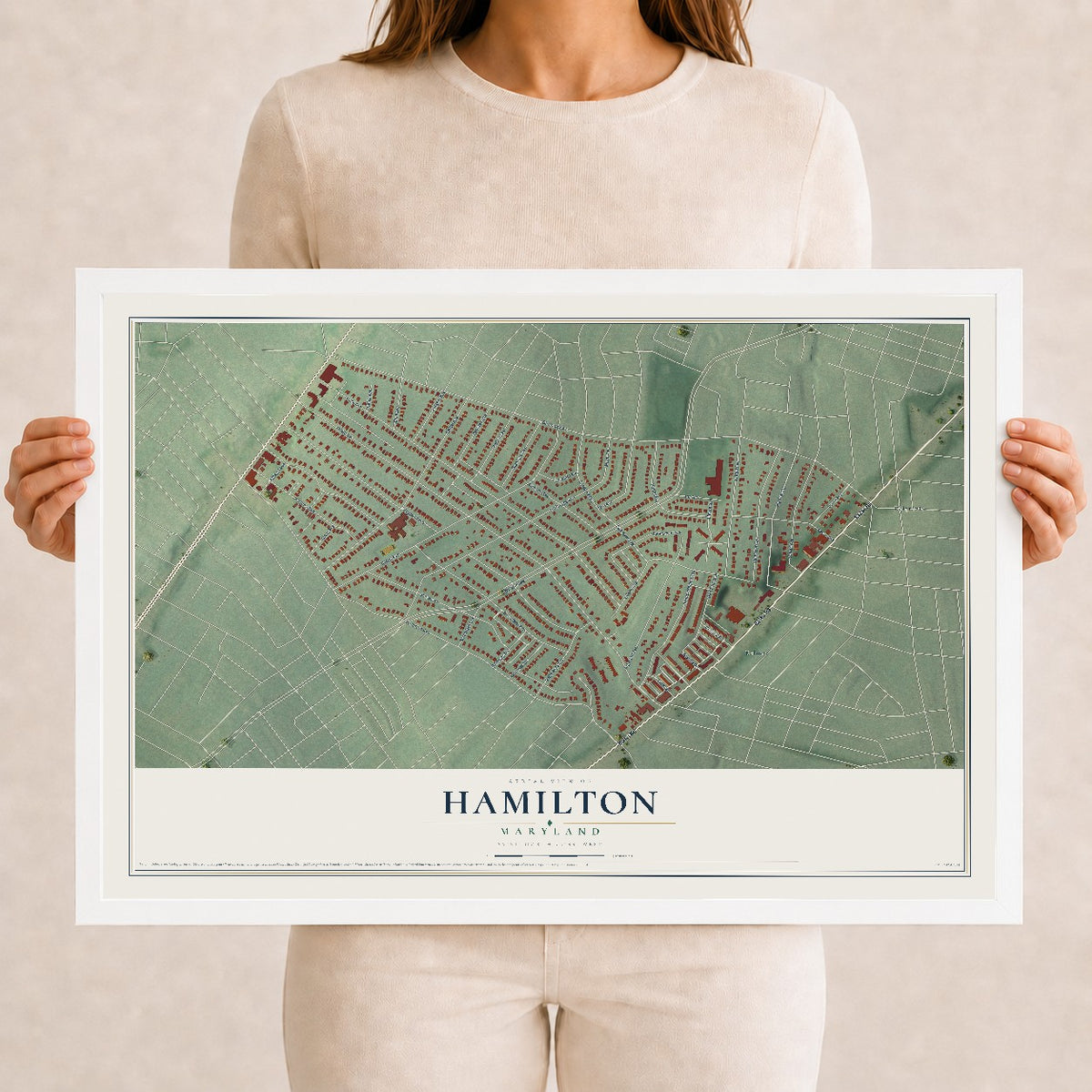 Map of Hamilton, Maryland, 12 x 18 inch print in a white wood frame