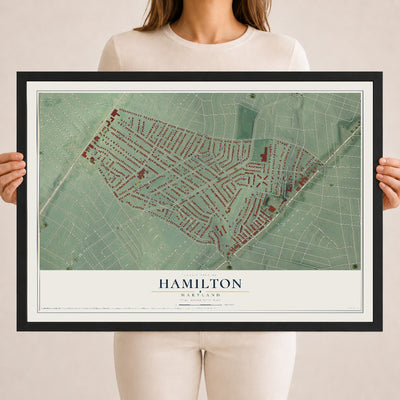Map of Hamilton, Maryland, 18 x 24 inch print in a black wood frame