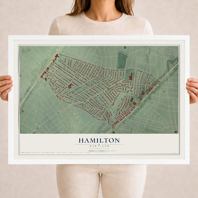 Map of Hamilton, Maryland, 18 x 24 inch print in a white wood frame