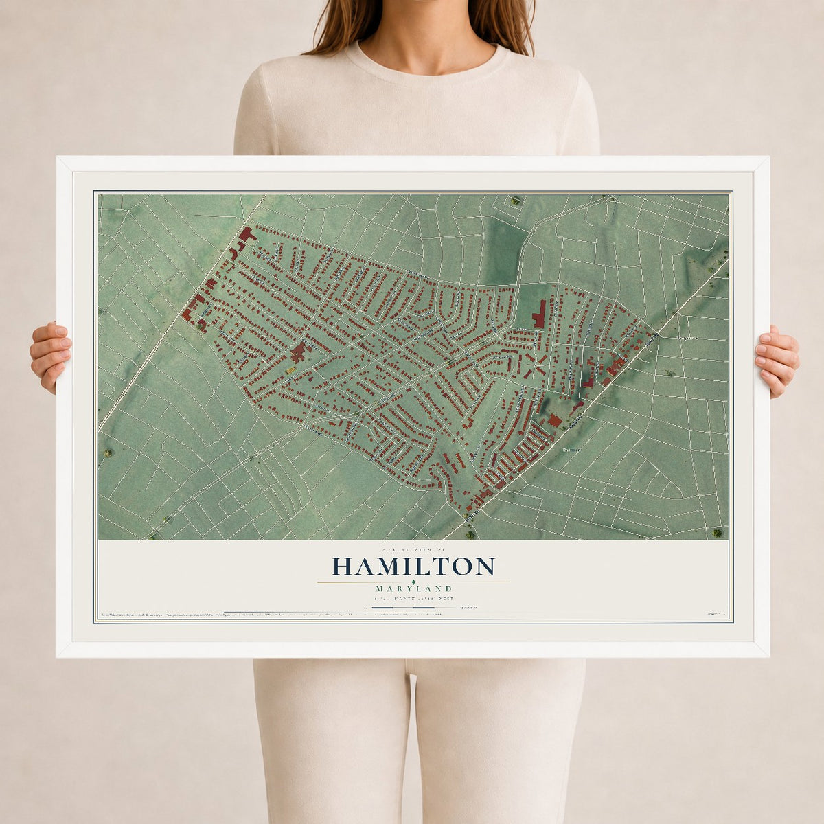 Map of Hamilton, Maryland, 24 x 36 inch print in a white wood frame