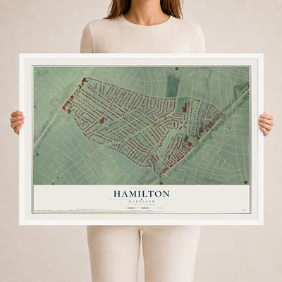 Map of Hamilton, Maryland, 24 x 36 inch print in a white wood frame