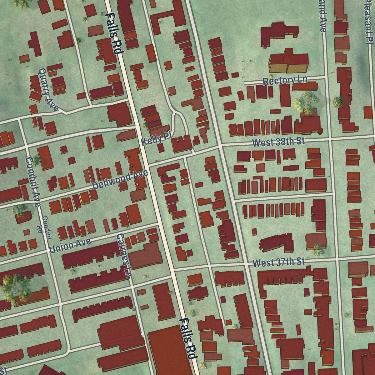 Close-up of the map of Hampden, Maryland print showing street and building detail