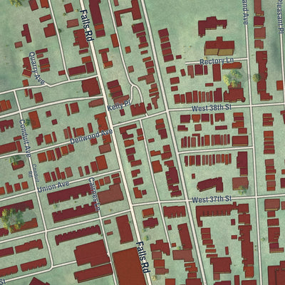 Close-up of the map of Hampden, Maryland print showing street and building detail