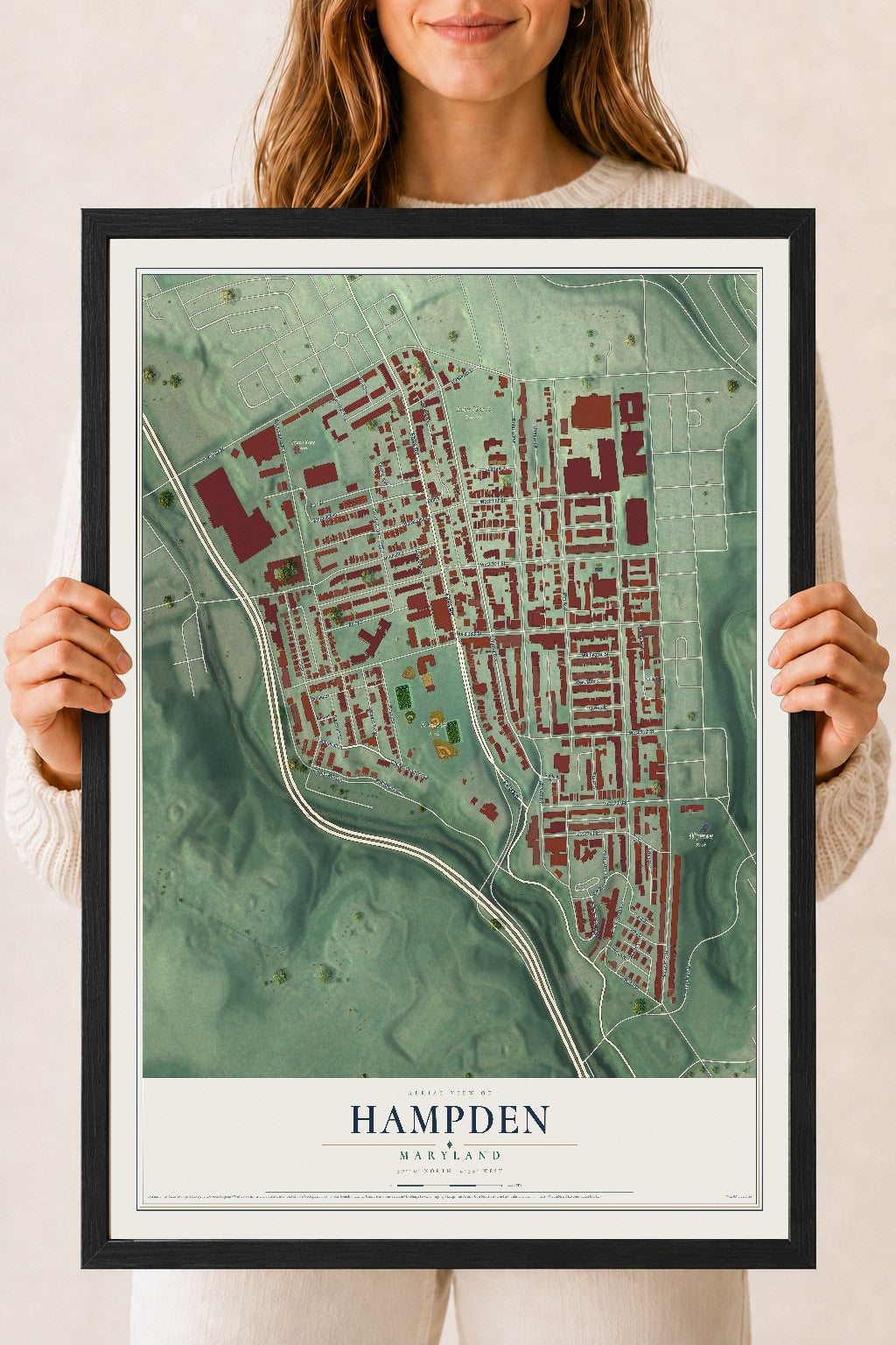 Map of Hampden, Maryland, 18 x 24 inch print in a black wood frame