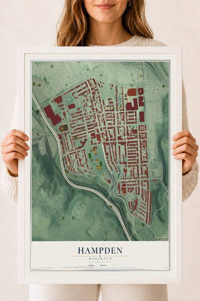 Map of Hampden, Maryland, 18 x 24 inch print in a white wood frame