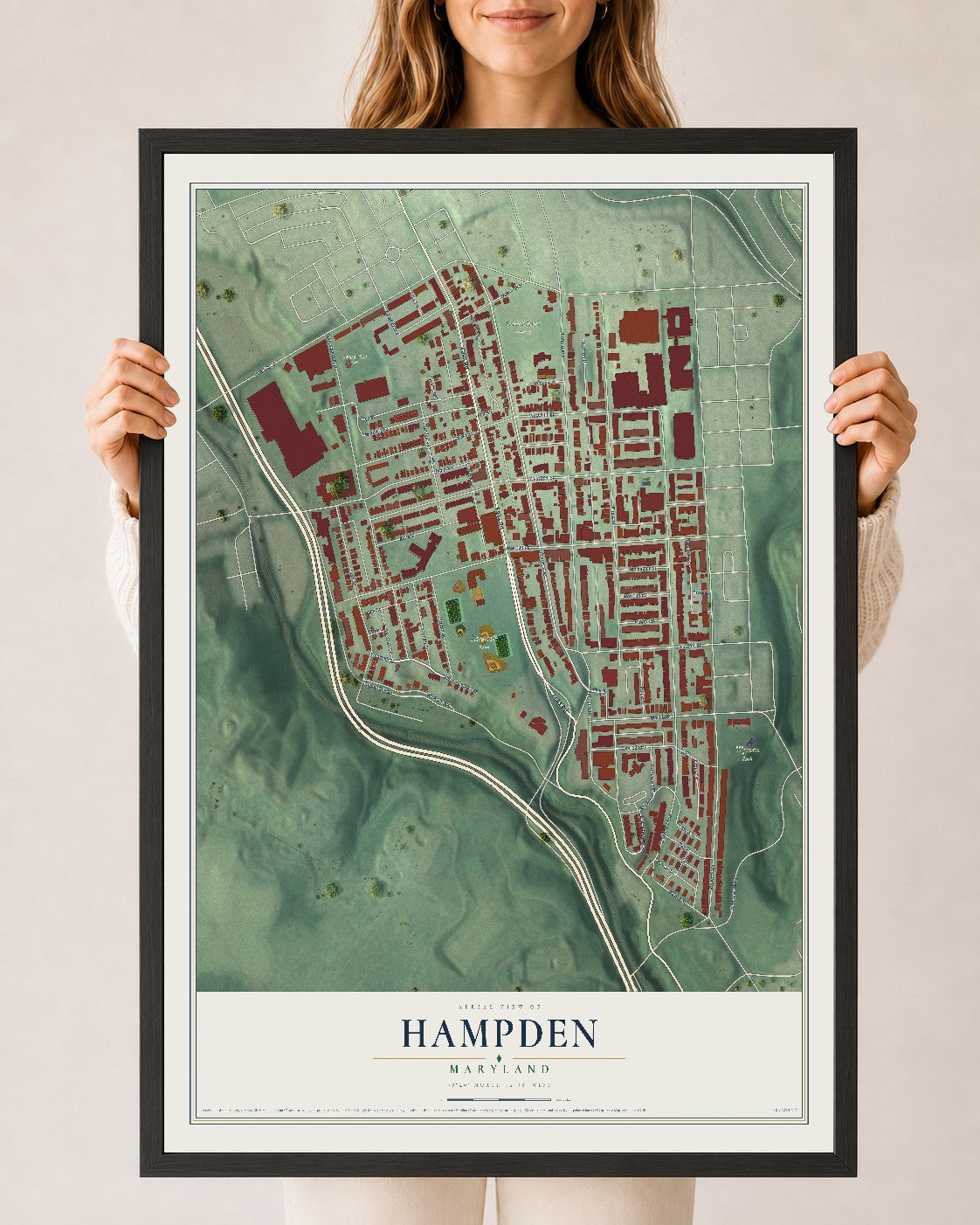Map of Hampden, Maryland, 24 x 36 inch print in a black wood frame