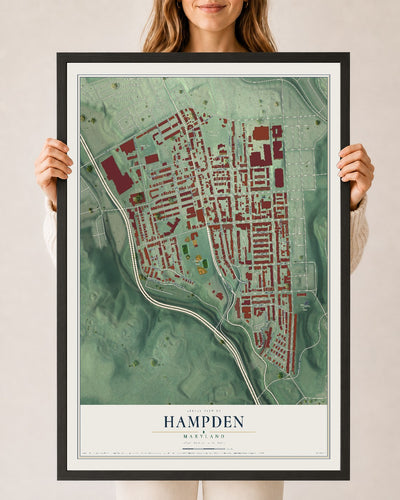 Map of Hampden, Maryland, 24 x 36 inch print in a black wood frame