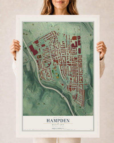 Map of Hampden, Maryland, 24 x 36 inch print in a white wood frame