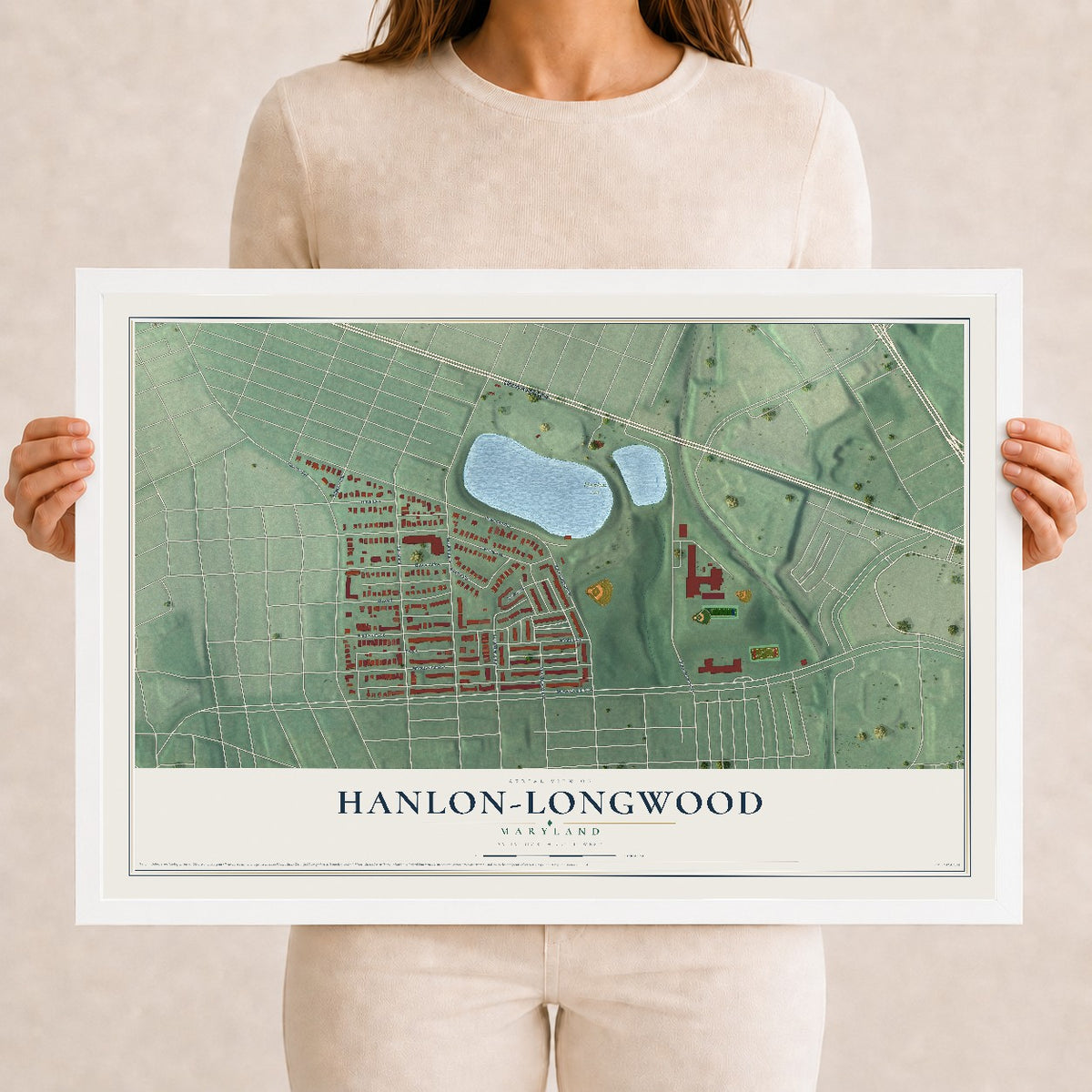 Map of Hanlon-Longwood, Maryland, 12 x 18 inch print in a white wood frame