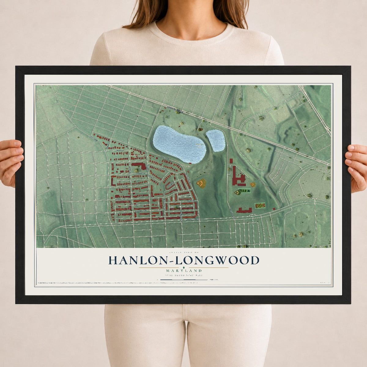 Map of Hanlon-Longwood, Maryland, 18 x 24 inch print in a black wood frame