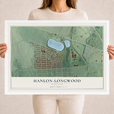 Map of Hanlon-Longwood, Maryland, 18 x 24 inch print in a white wood frame
