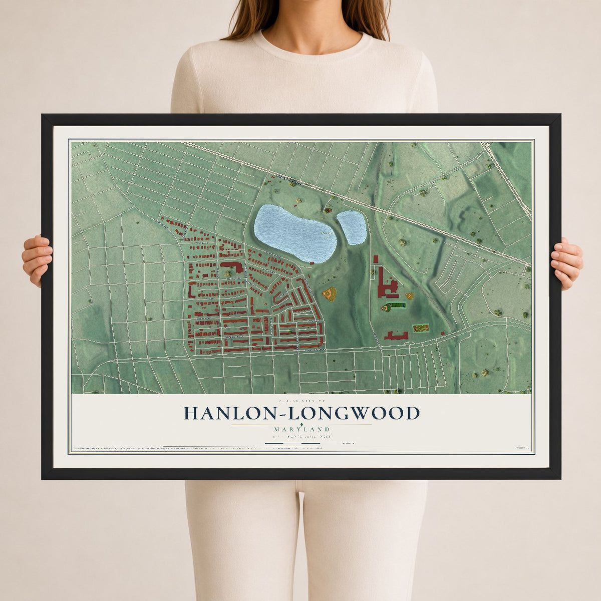 Map of Hanlon-Longwood, Maryland, 24 x 36 inch print in a black wood frame