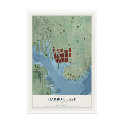 Map of Harbor East, Maryland, 12 x 18 inch print in a white wood frame