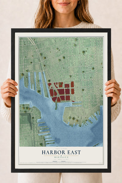 Map of Harbor East, Maryland, 18 x 24 inch print in a black wood frame