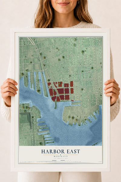 Map of Harbor East, Maryland, 18 x 24 inch print in a white wood frame