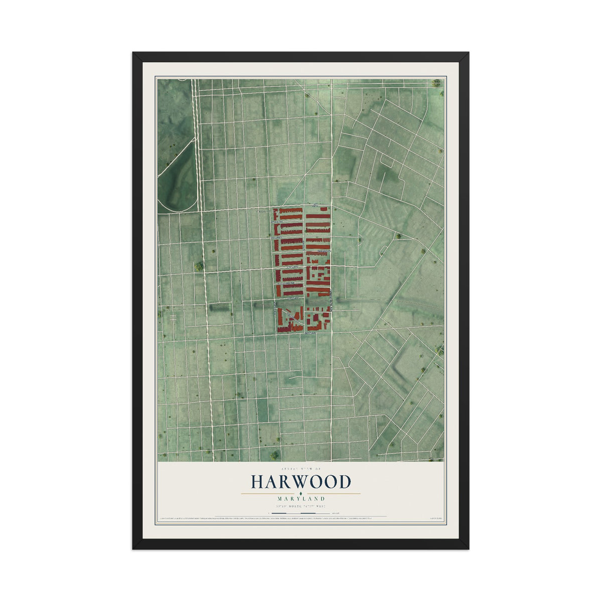 Map of Harwood, Maryland, 12 x 18 inch print in a black wood frame